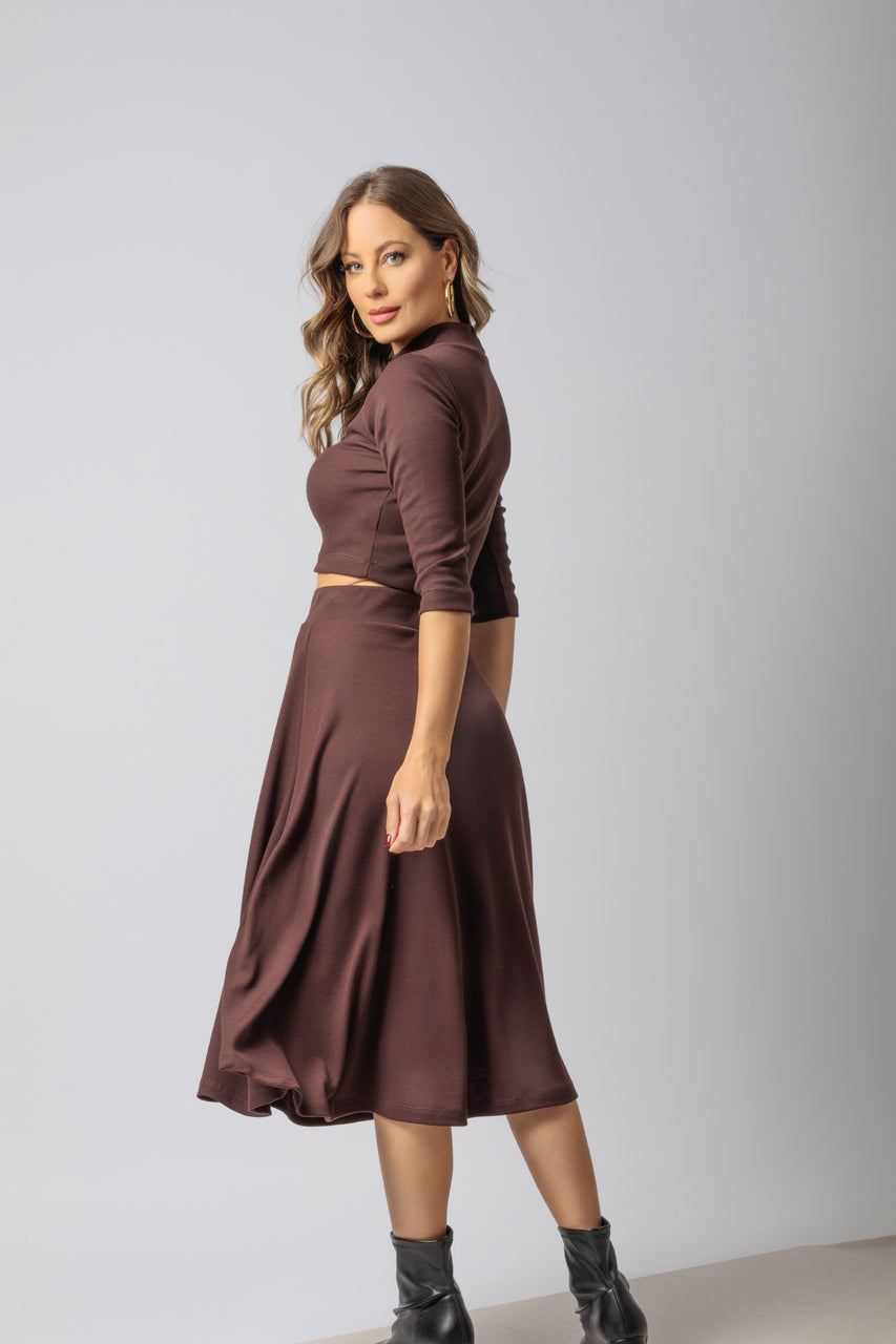 Conjunto com saia evasê em malha