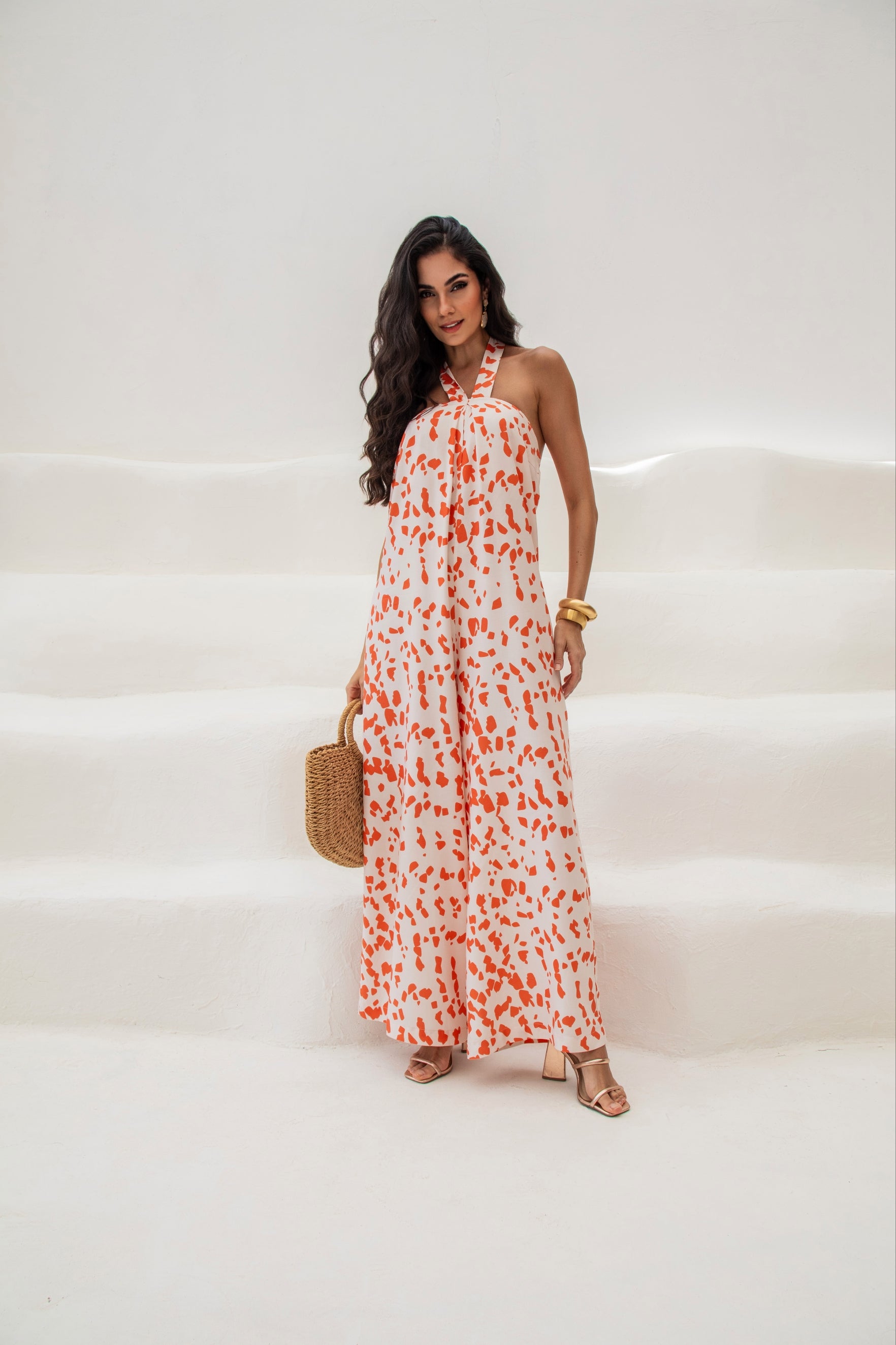 Macacão estampado halter com amarração