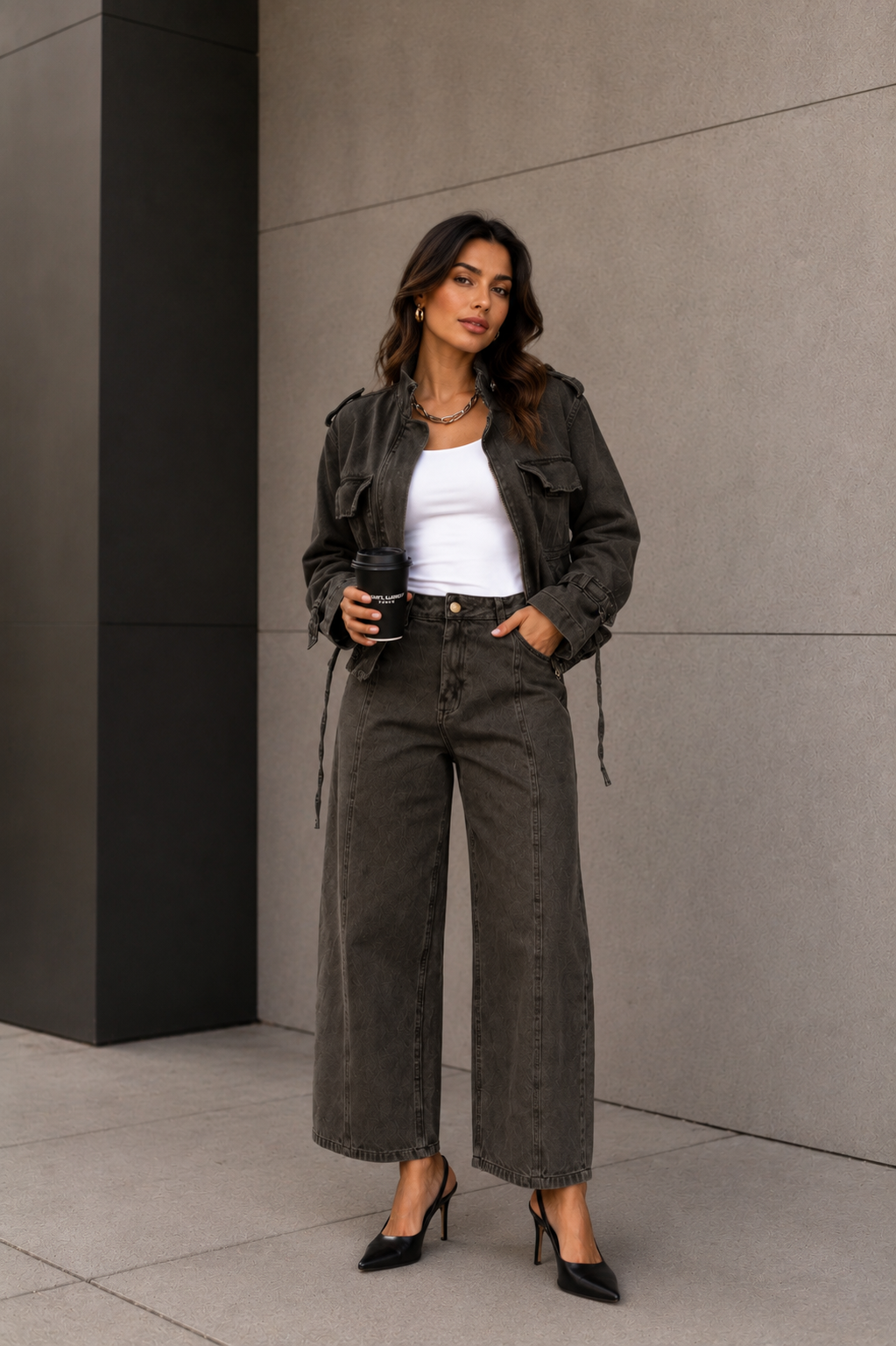Jaqueta jeans cargo verde militar