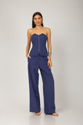 Conjunto blusa com zíper e calça pantalona azul - vista frontal