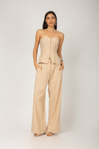 Conjunto blusa com zíper e calça pantalona bege - vista frontal