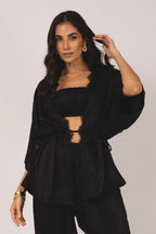 Conjunto kimono com renda e top faixa strapless preto - vista frontal
