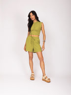 Conjunto cropped e shorts canelado