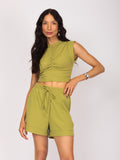 Conjunto cropped e shorts canelado
