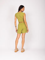 Conjunto cropped e shorts canelado