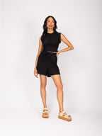 Conjunto cropped e shorts canelado