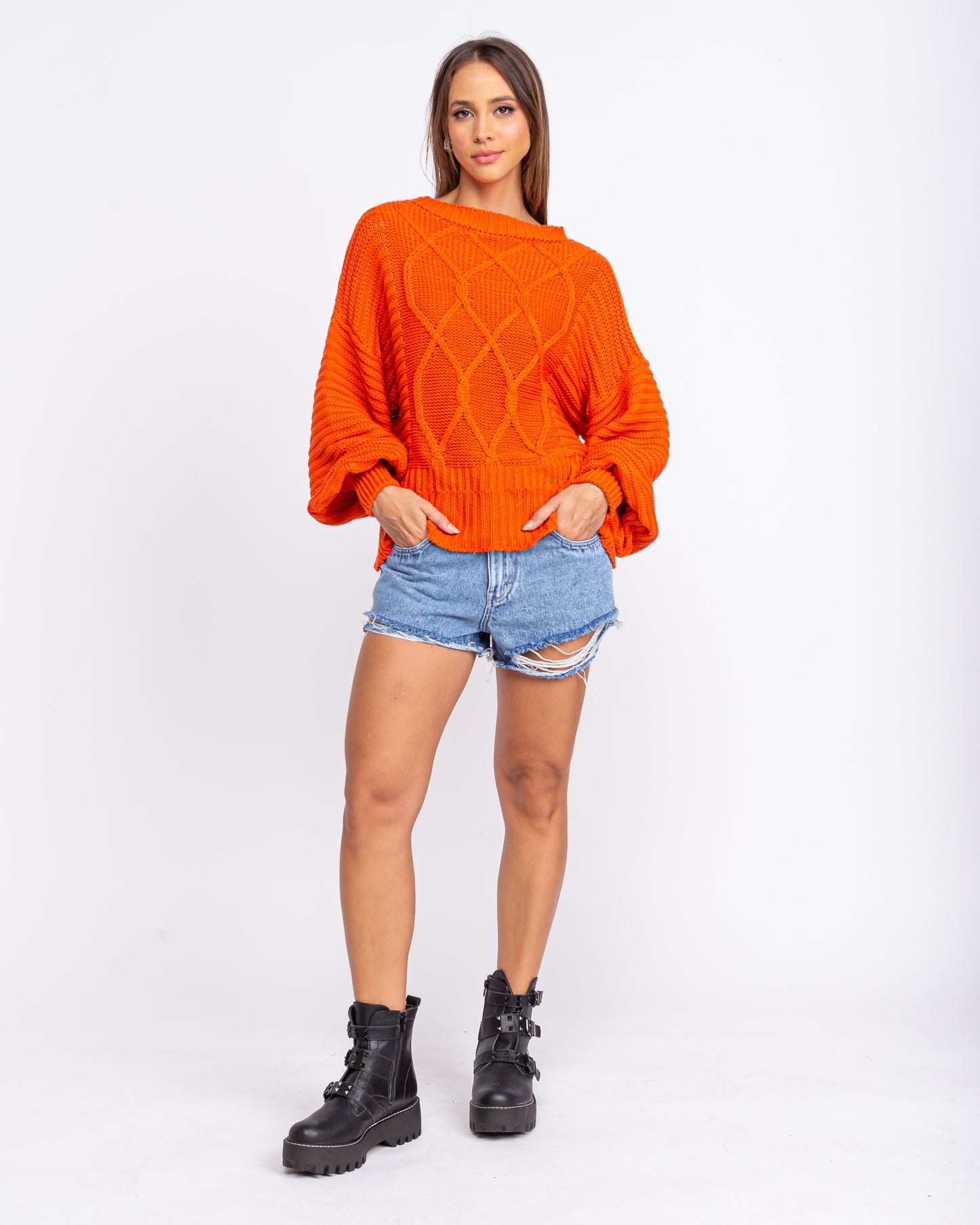 Blusa tricot mangas bufantes laranja