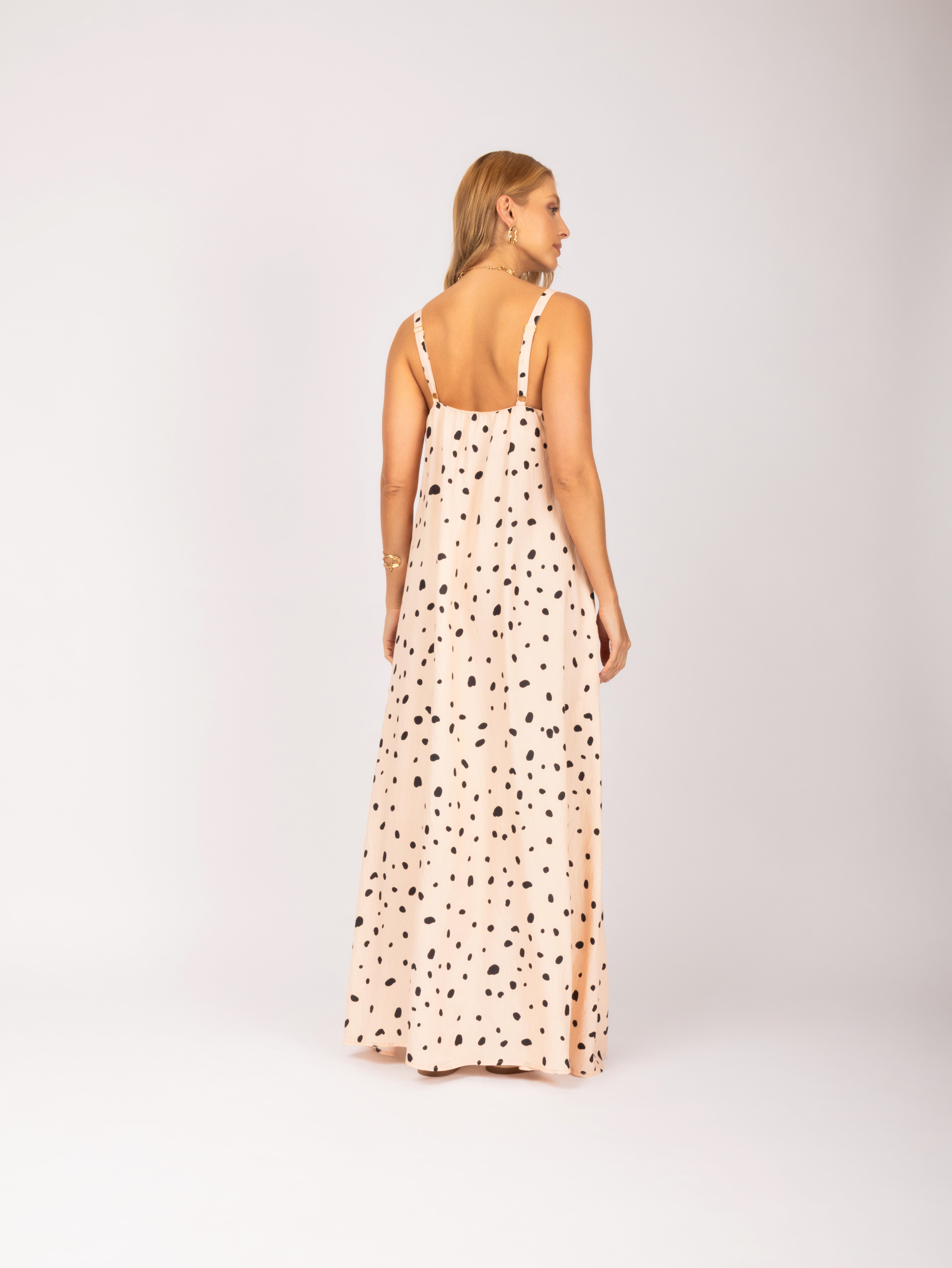 Vestido longo com estampa de poa
