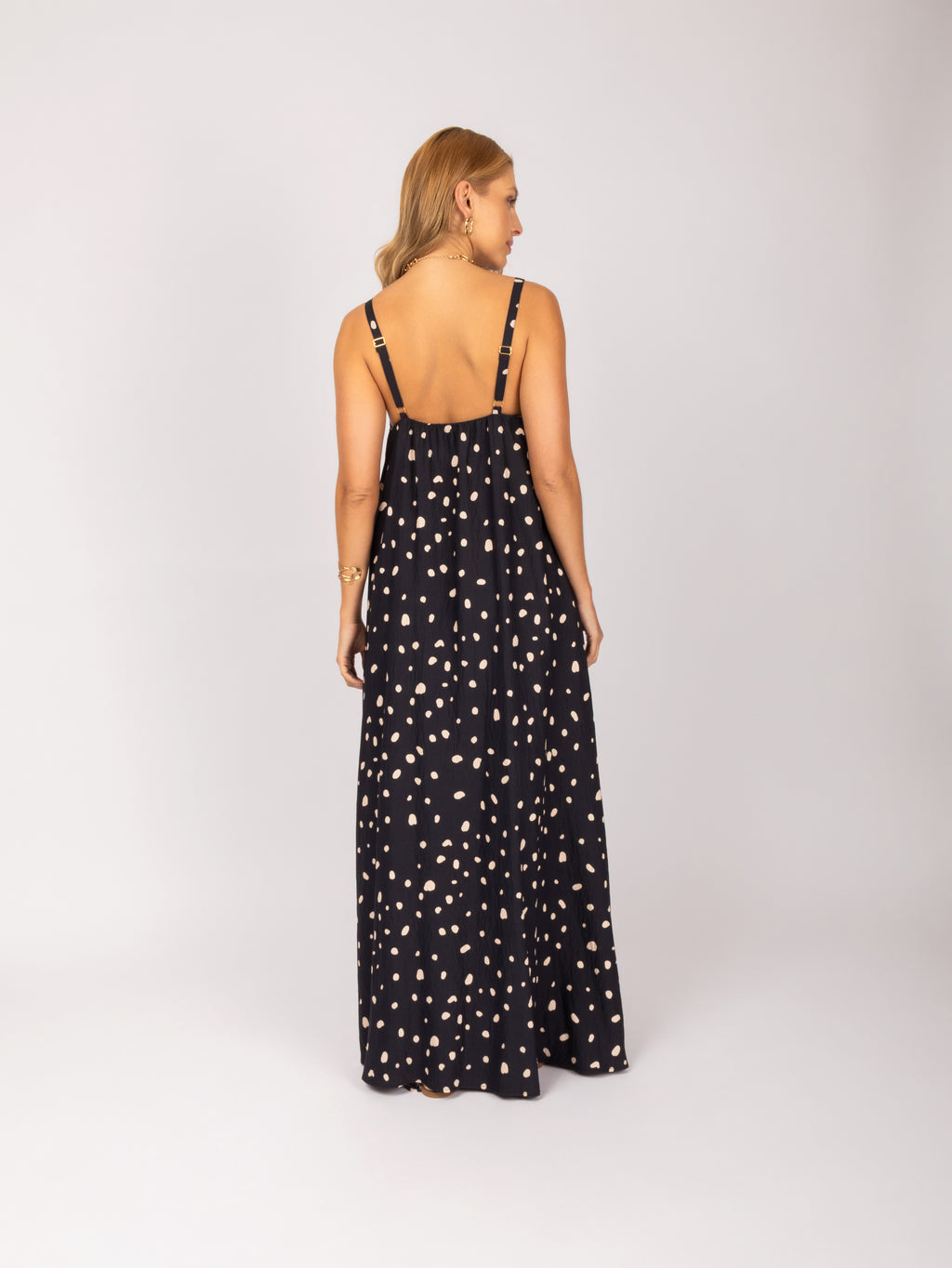 Vestido longo com estampa de poa