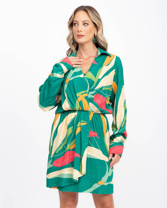 Vestido de viscose estampa de folhagens verde