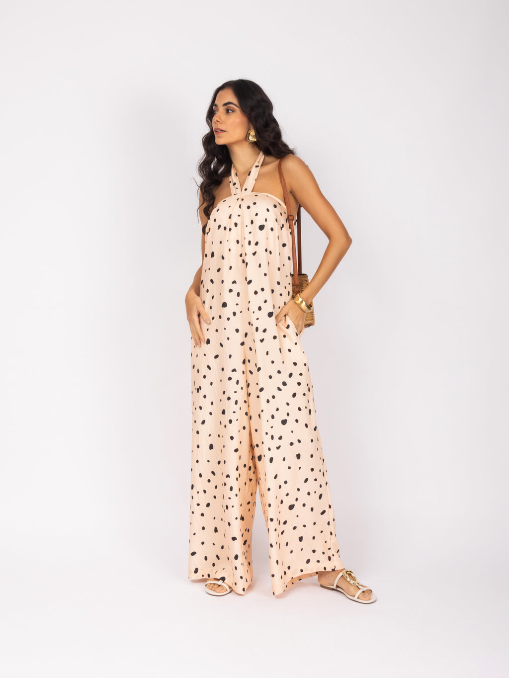 Macacão pantalona halter estampado poá