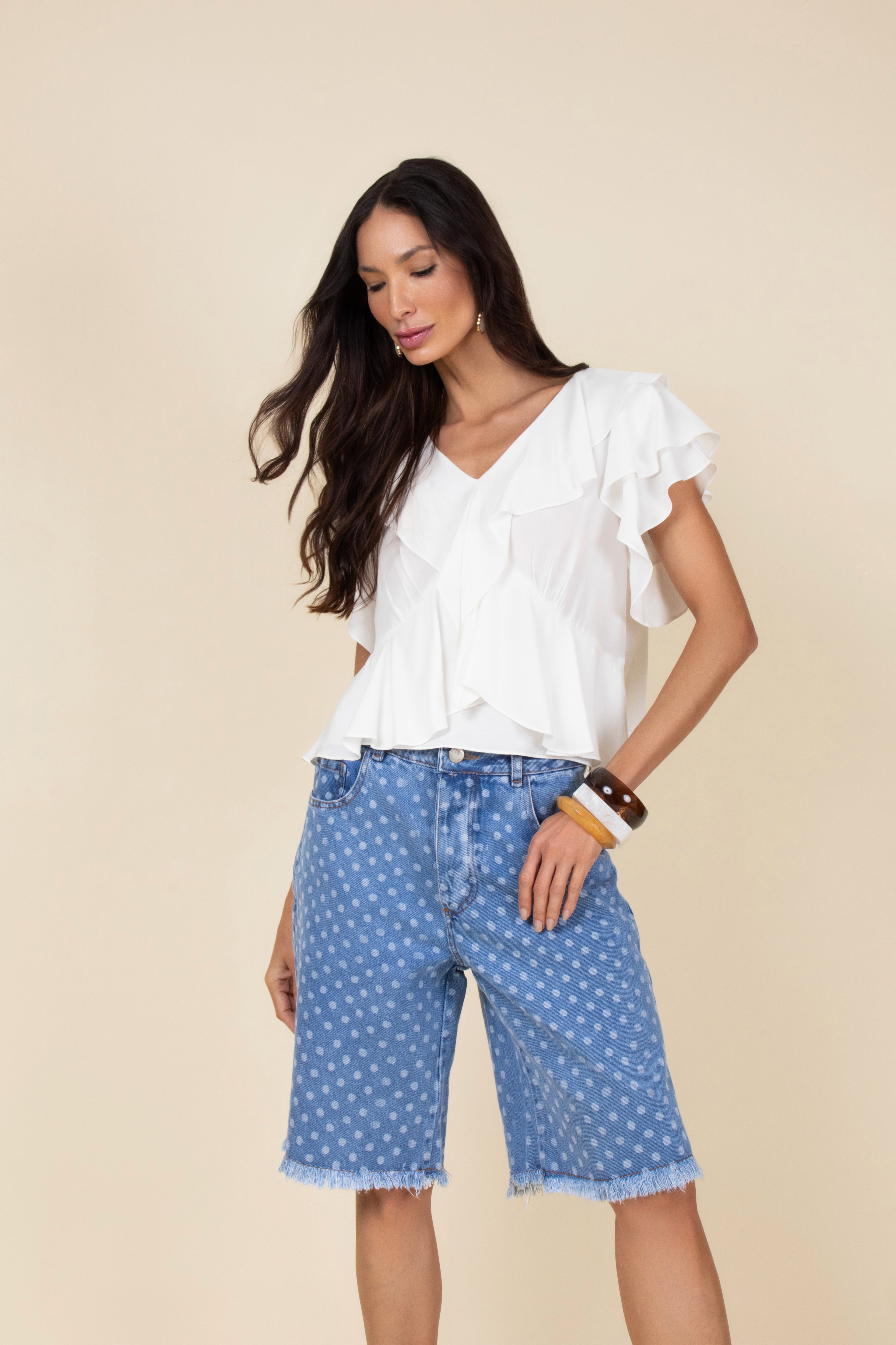 Bermuda jeans em poá