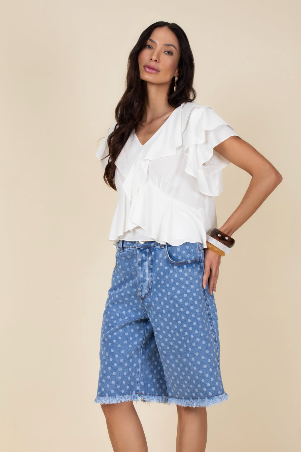 Bermuda jeans em poá