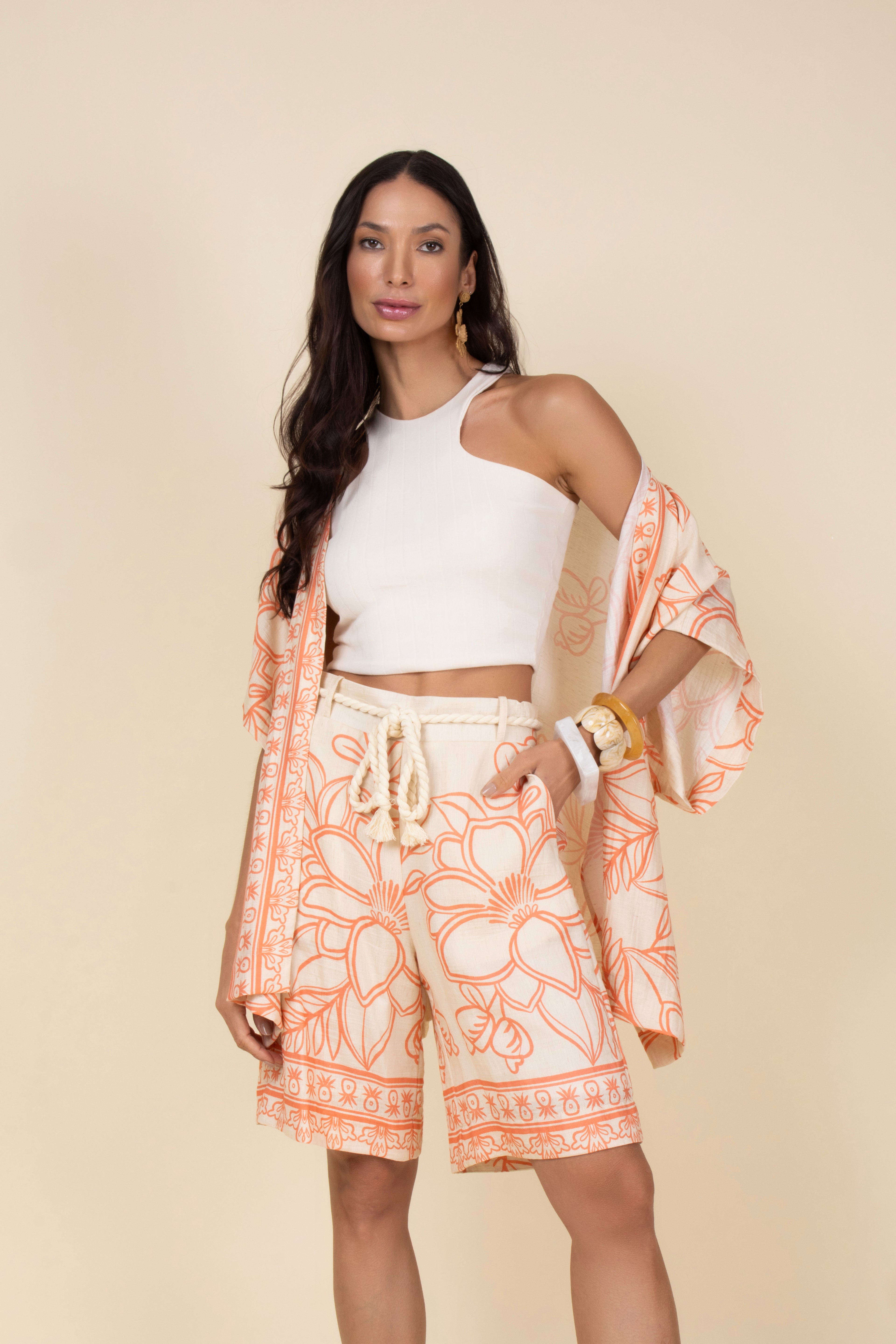 Conjunto kimono short floral grafite