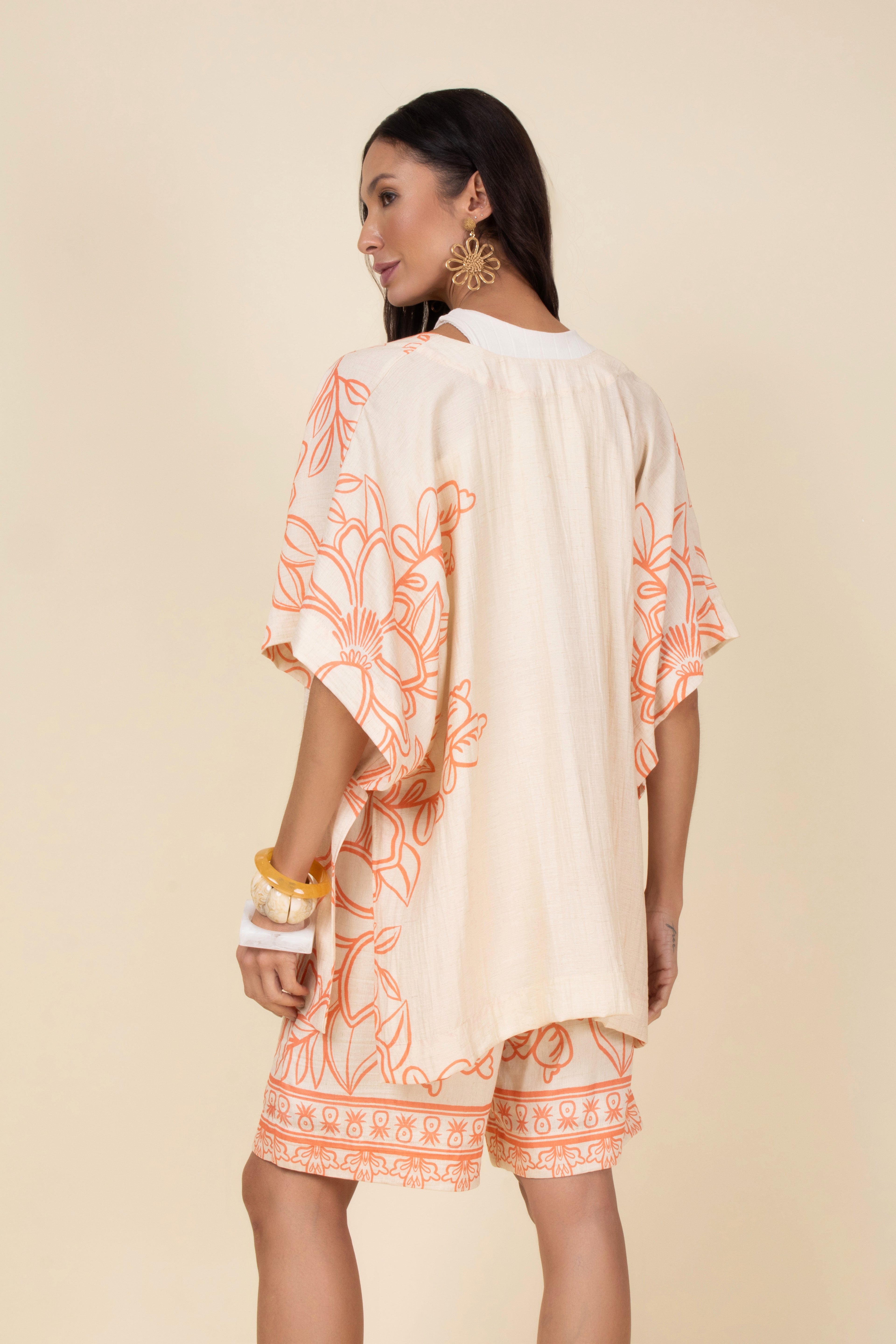 Conjunto kimono short floral grafite