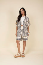 Conjunto kimono short floral grafite