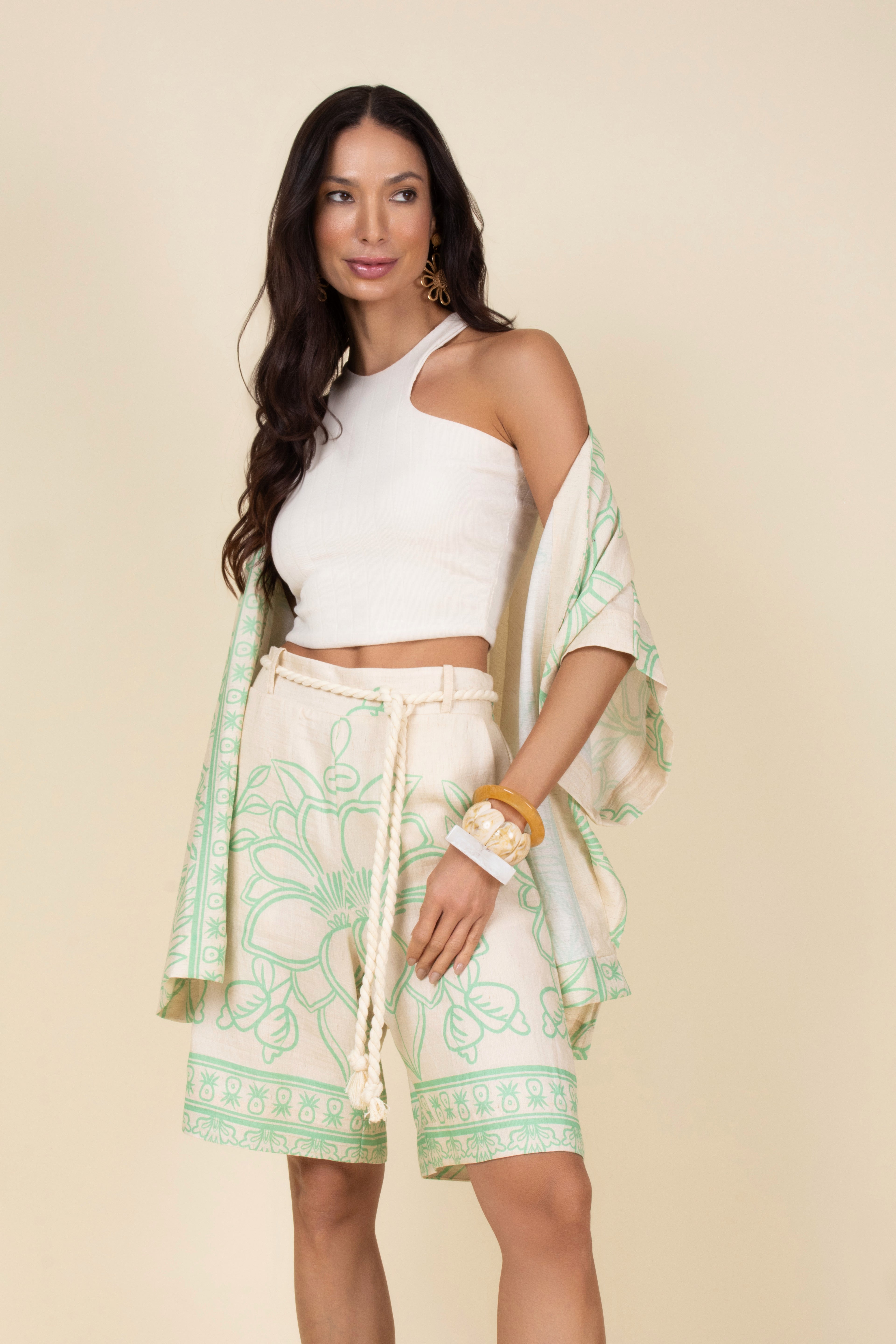 Conjunto kimono short floral grafite