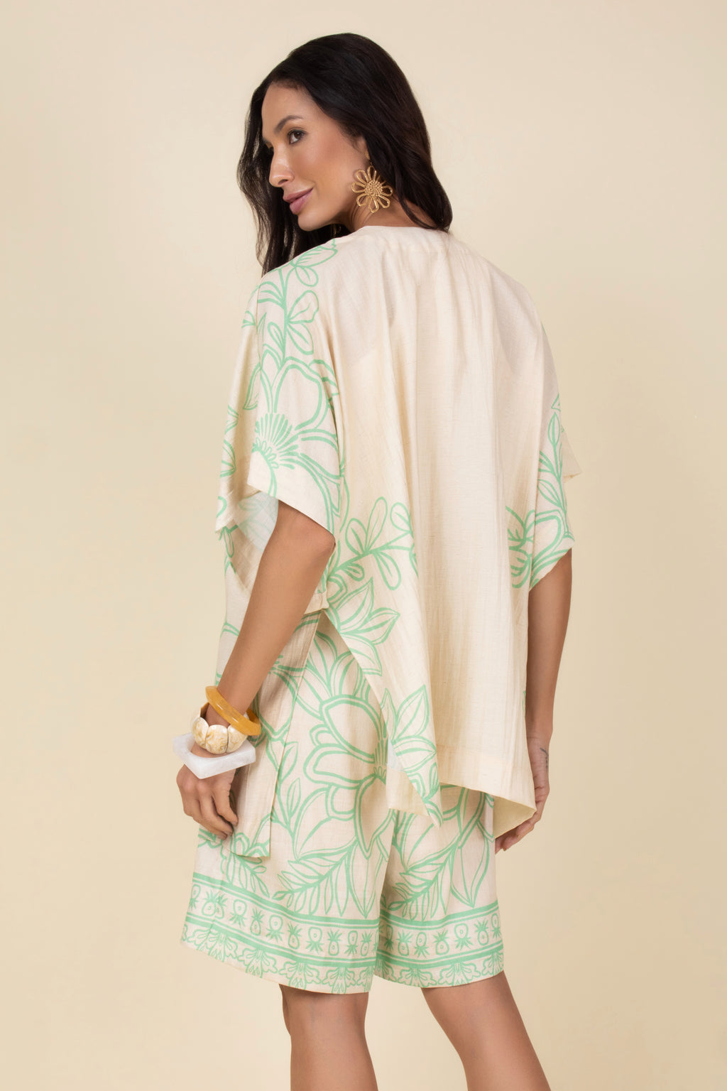 Conjunto kimono short floral grafite