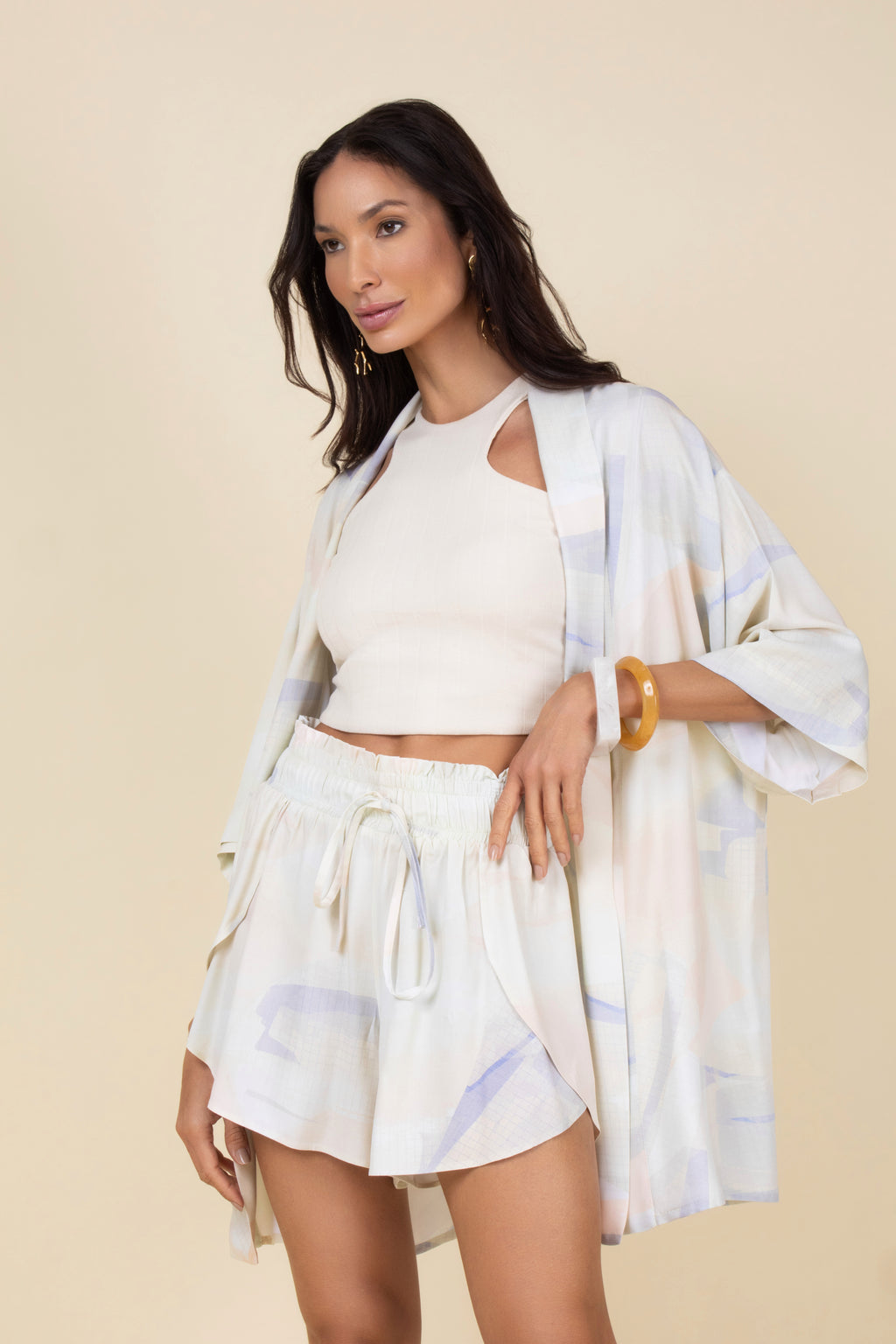 Conjunto kimono e short estampa suave