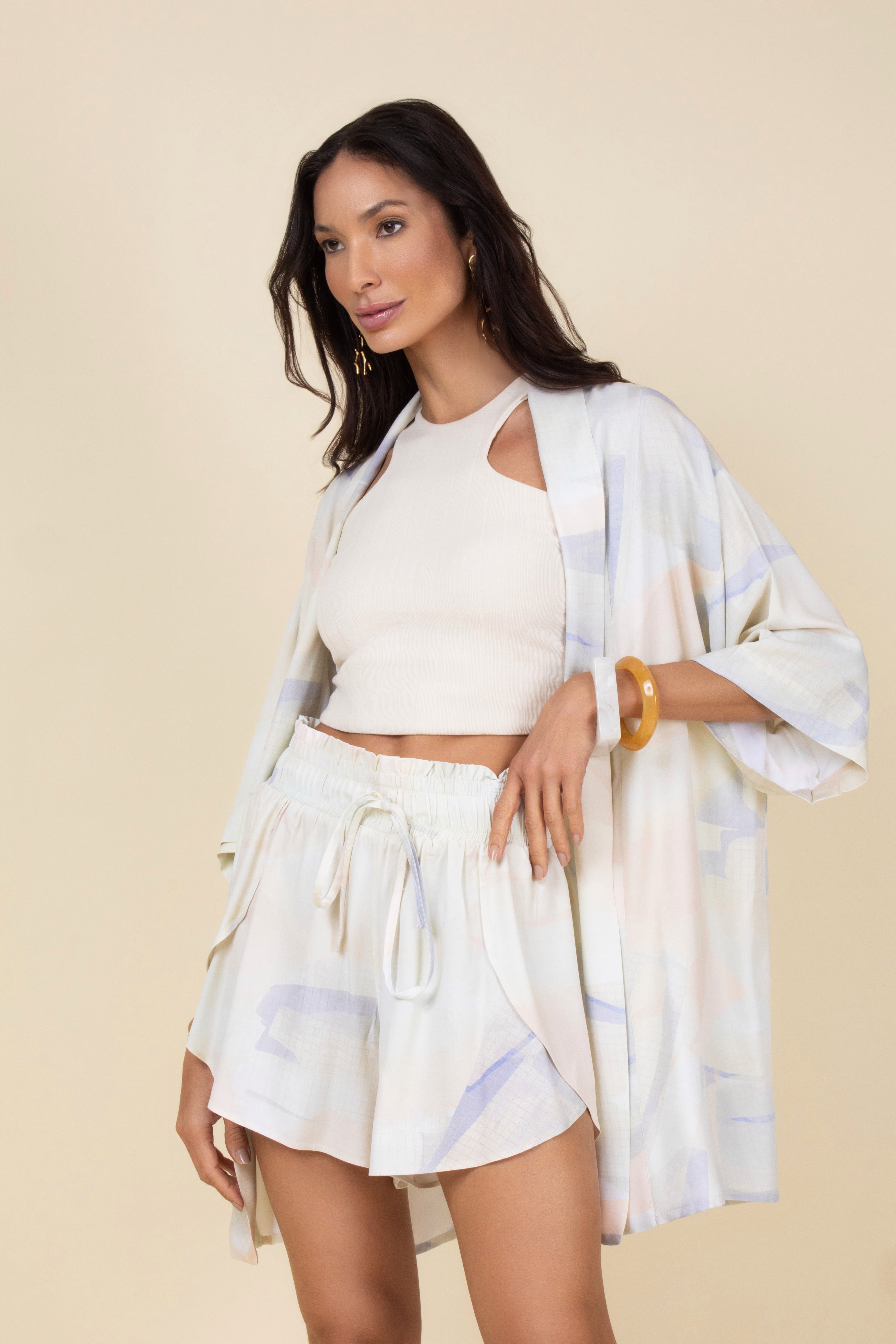 Conjunto kimono e short estampa suave