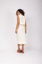 Conjunto linho cropped e saia midi