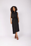 Conjunto linho cropped e saia midi