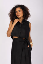Conjunto linho cropped e saia midi