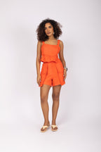 Conjunto cropped peplum e short em linho