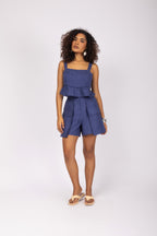 Conjunto cropped peplum e short em linho