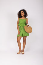 Conjunto cropped peplum e short em linho