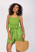 Conjunto cropped peplum e short em linho