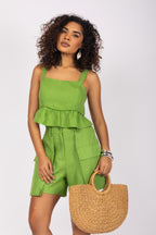 Conjunto cropped peplum e short em linho