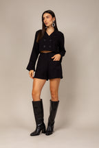 Conjunto mini blazer e shorts texturizado