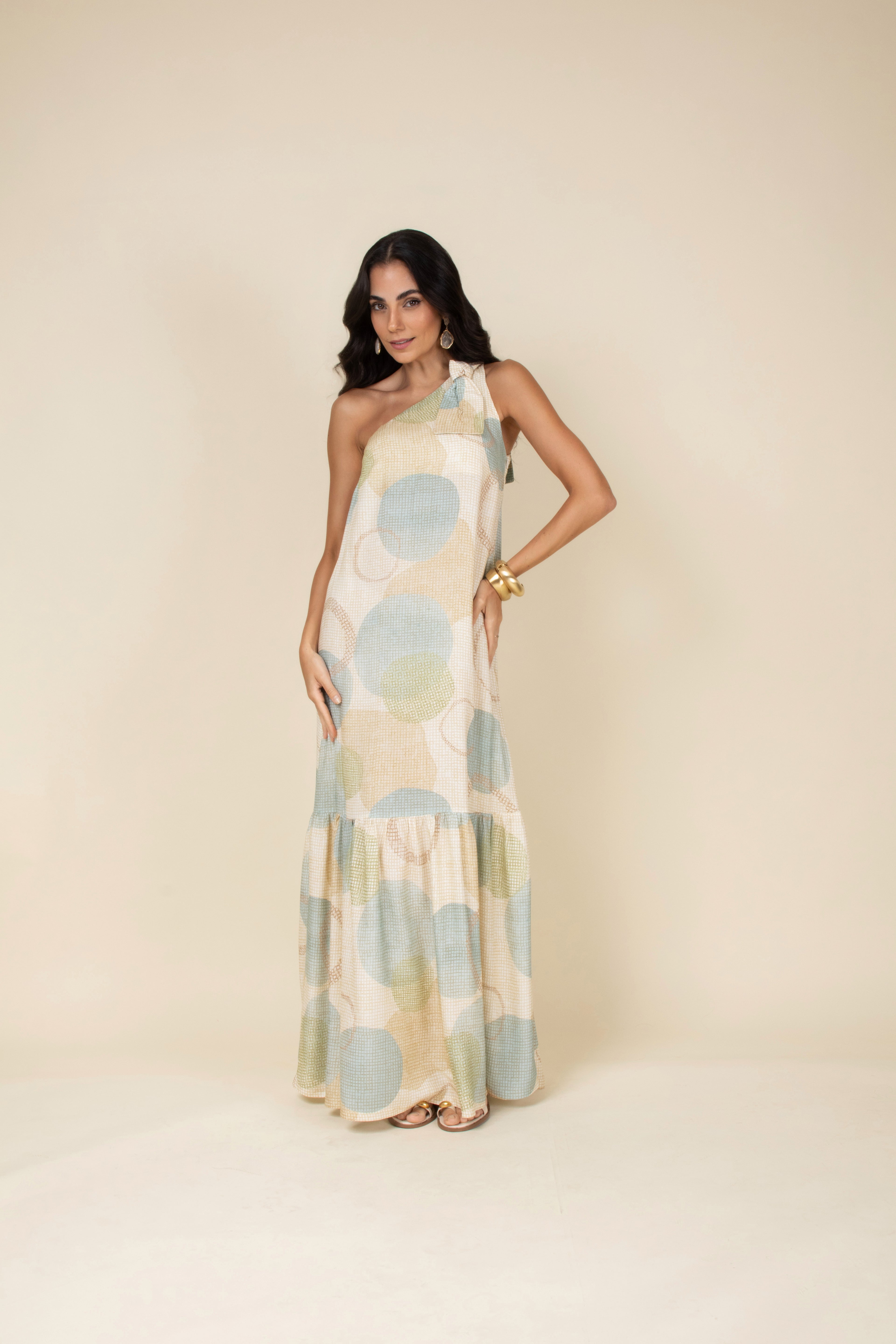 Vestido longo estampado um ombro só