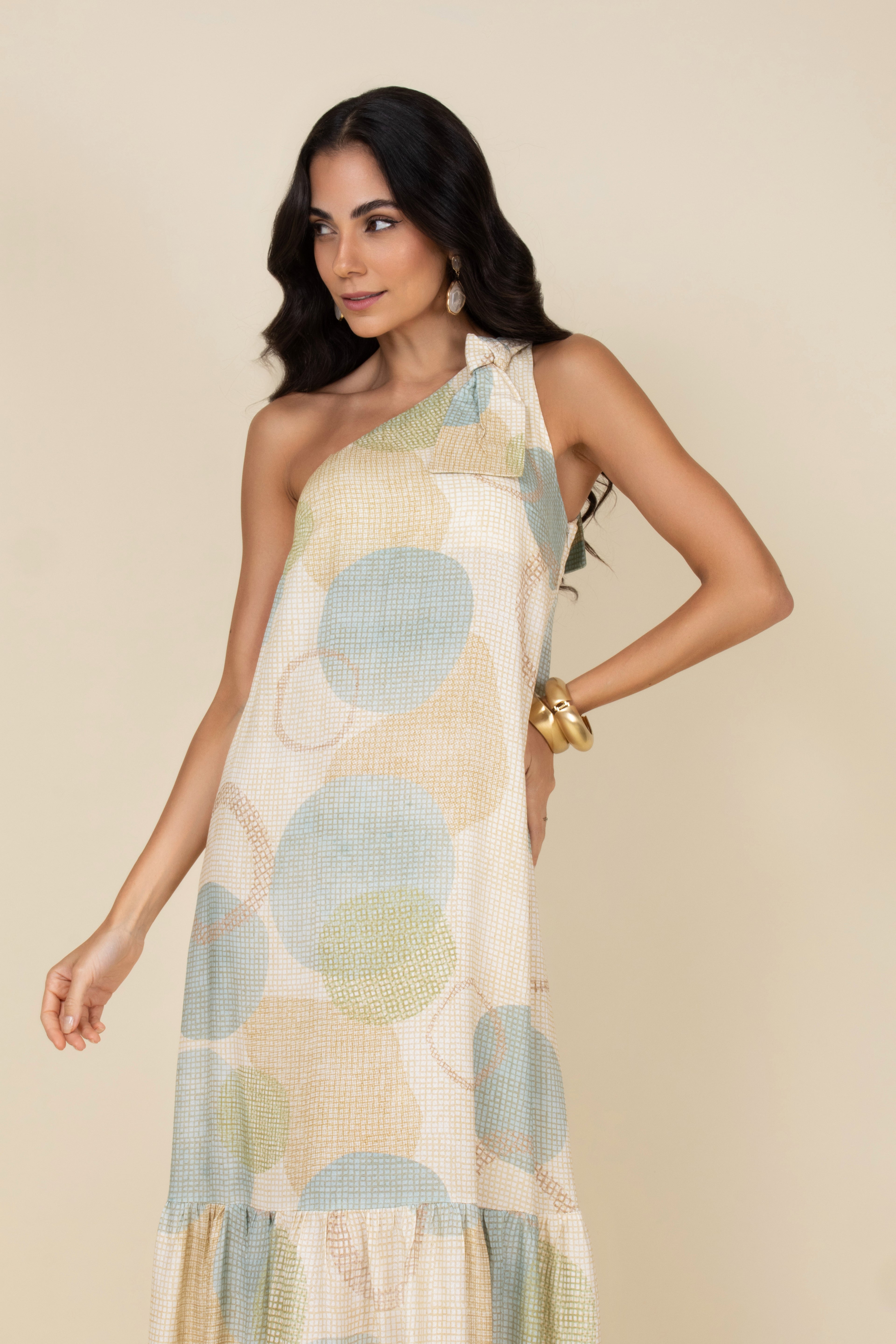 Vestido longo estampado um ombro só
