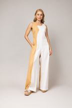 Macacão bicolor sem mangas em linho