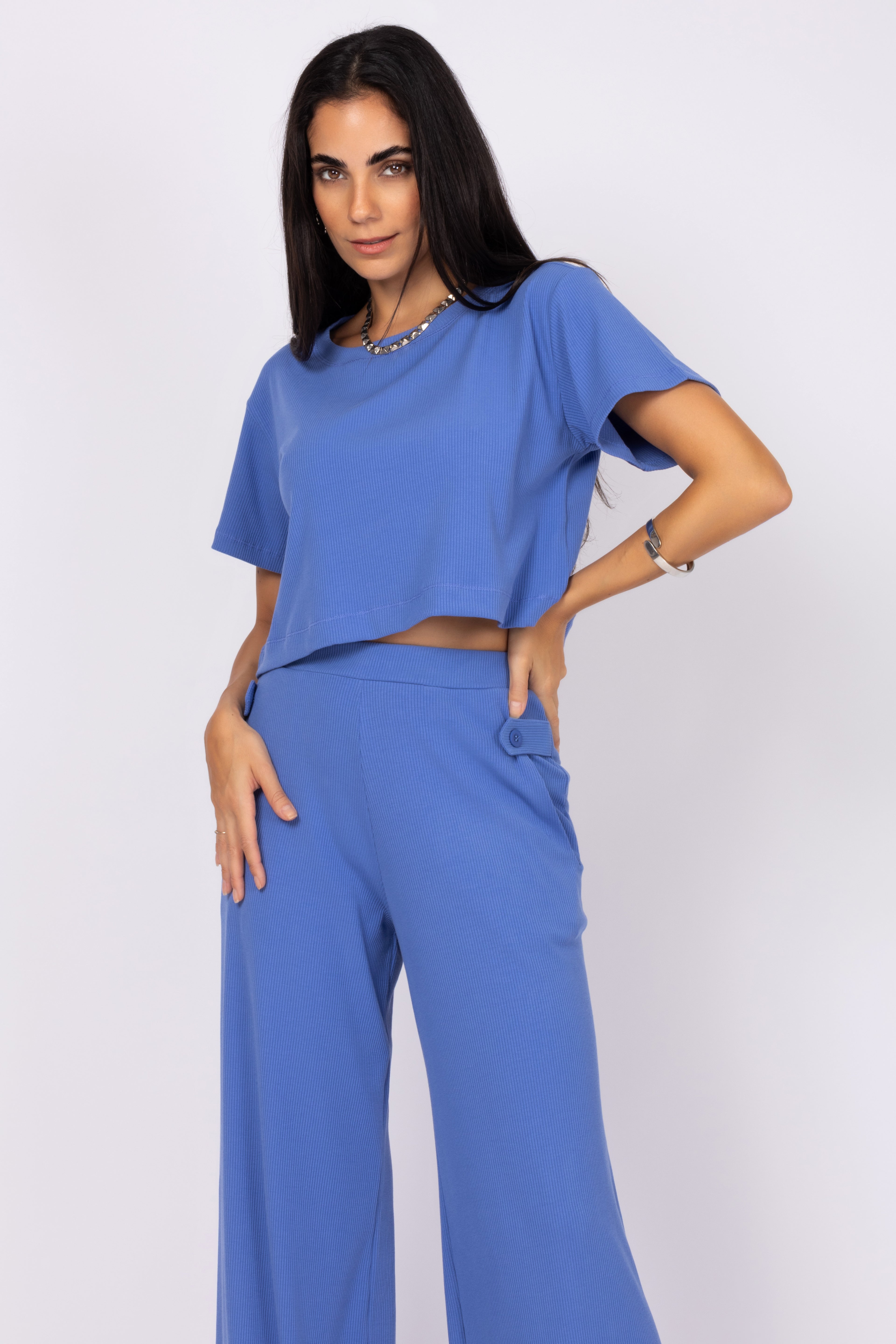 Conjunto cropped e calça pantalona canelada