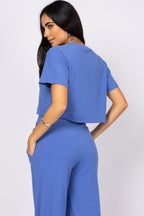 Conjunto cropped e calça pantalona canelada