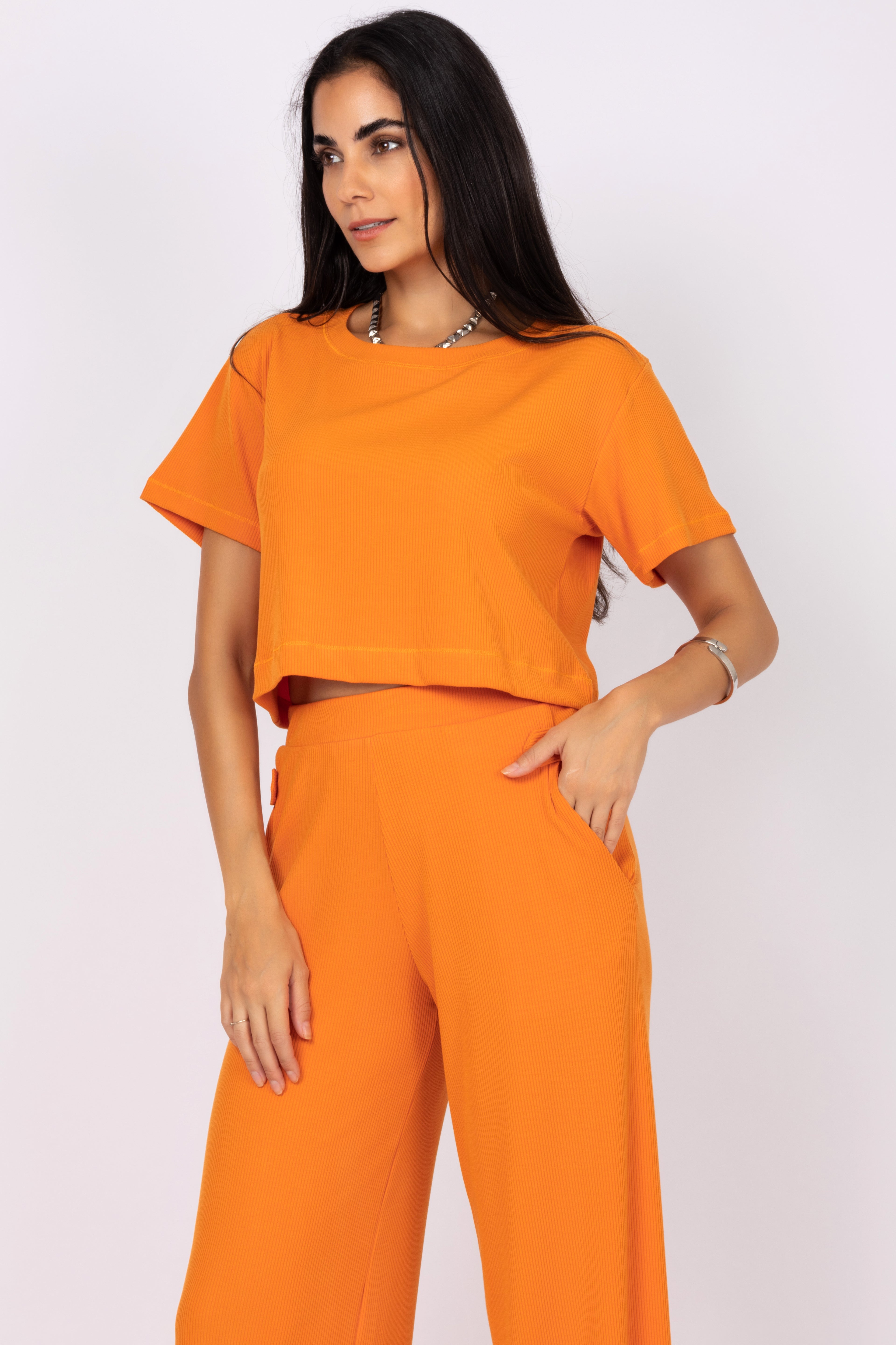 Conjunto cropped e calça pantalona canelada