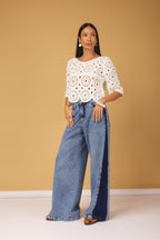 Calça wide leg com recorte