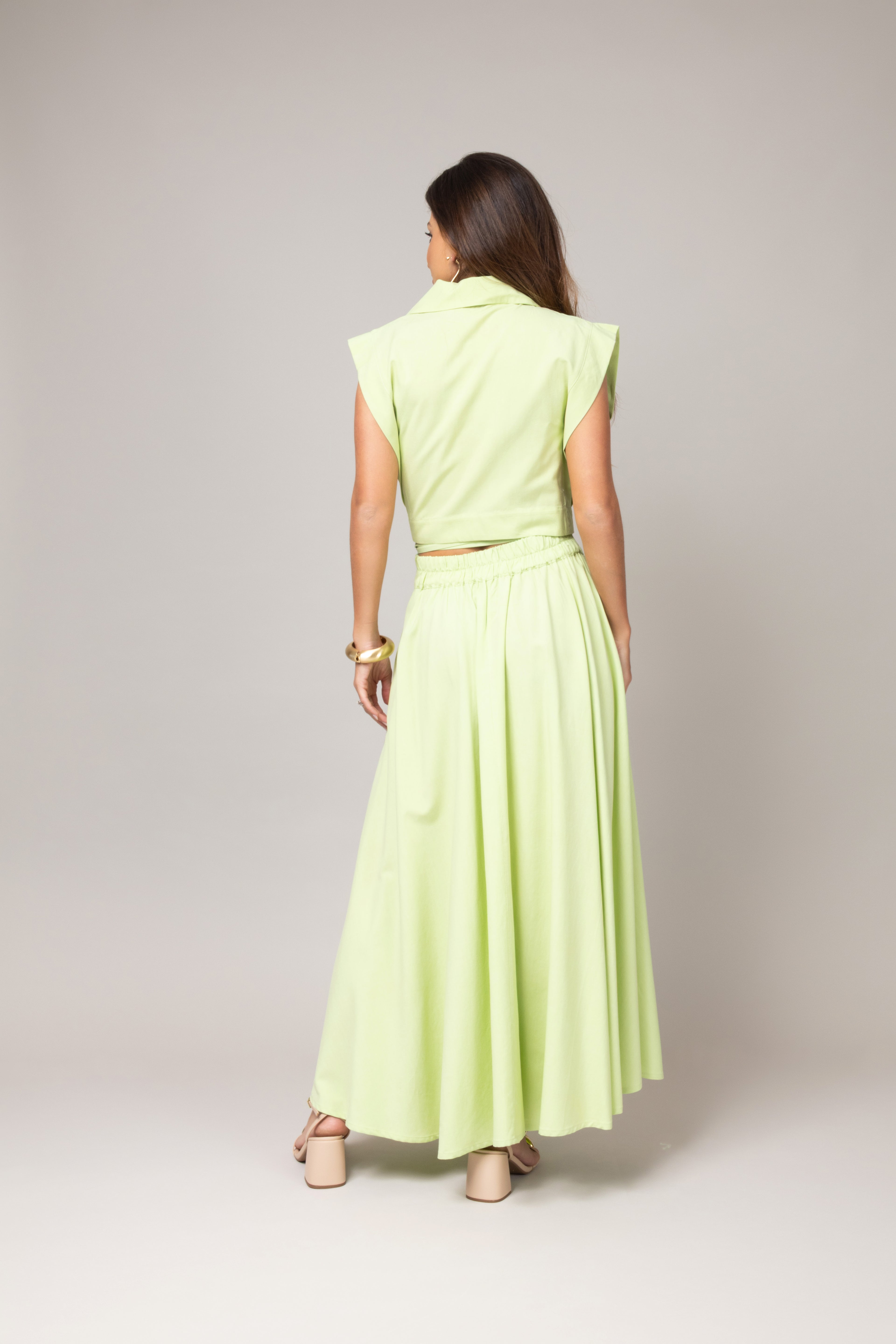 Conjunto saia longa e blusa transpassada