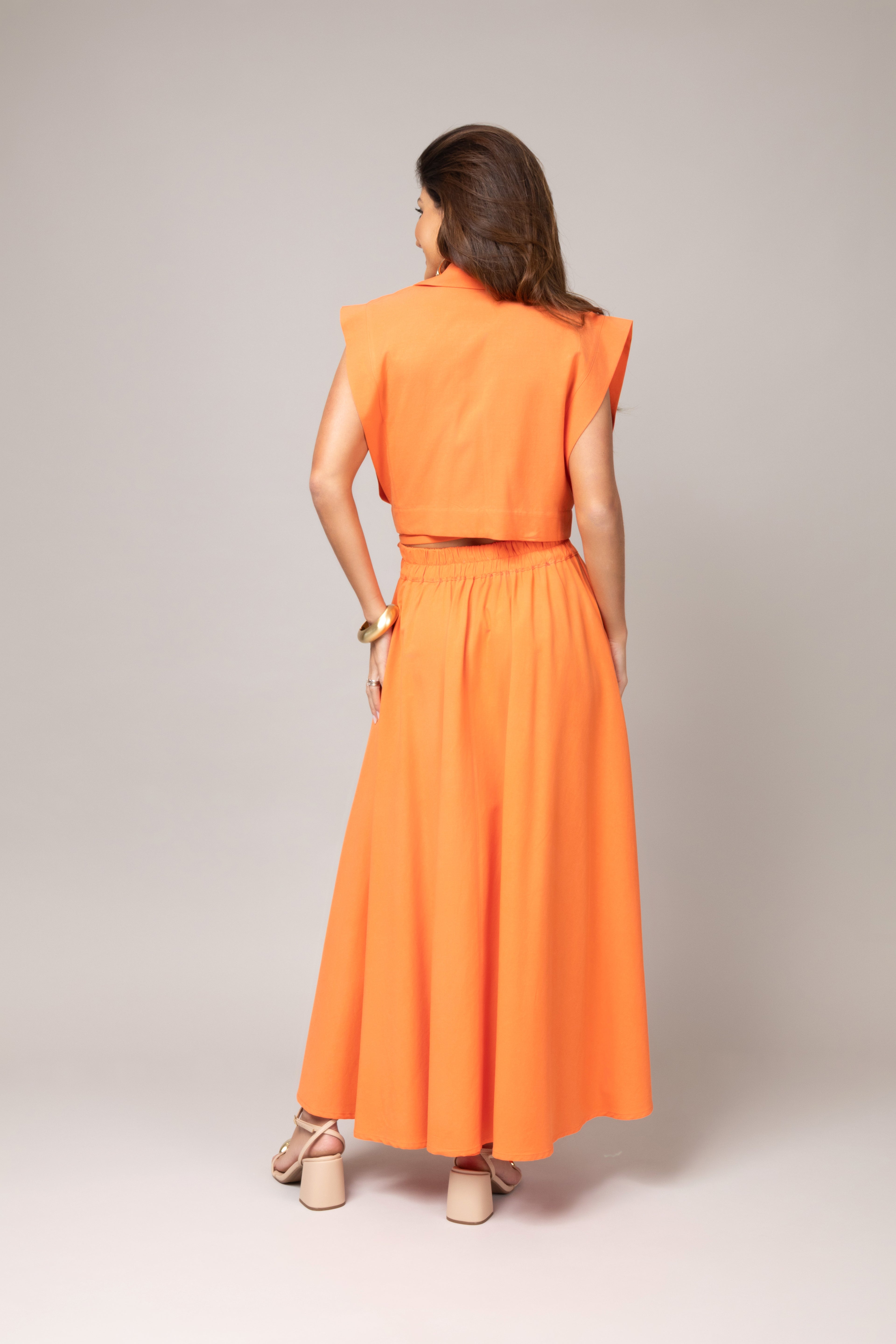 Conjunto saia longa e blusa transpassada