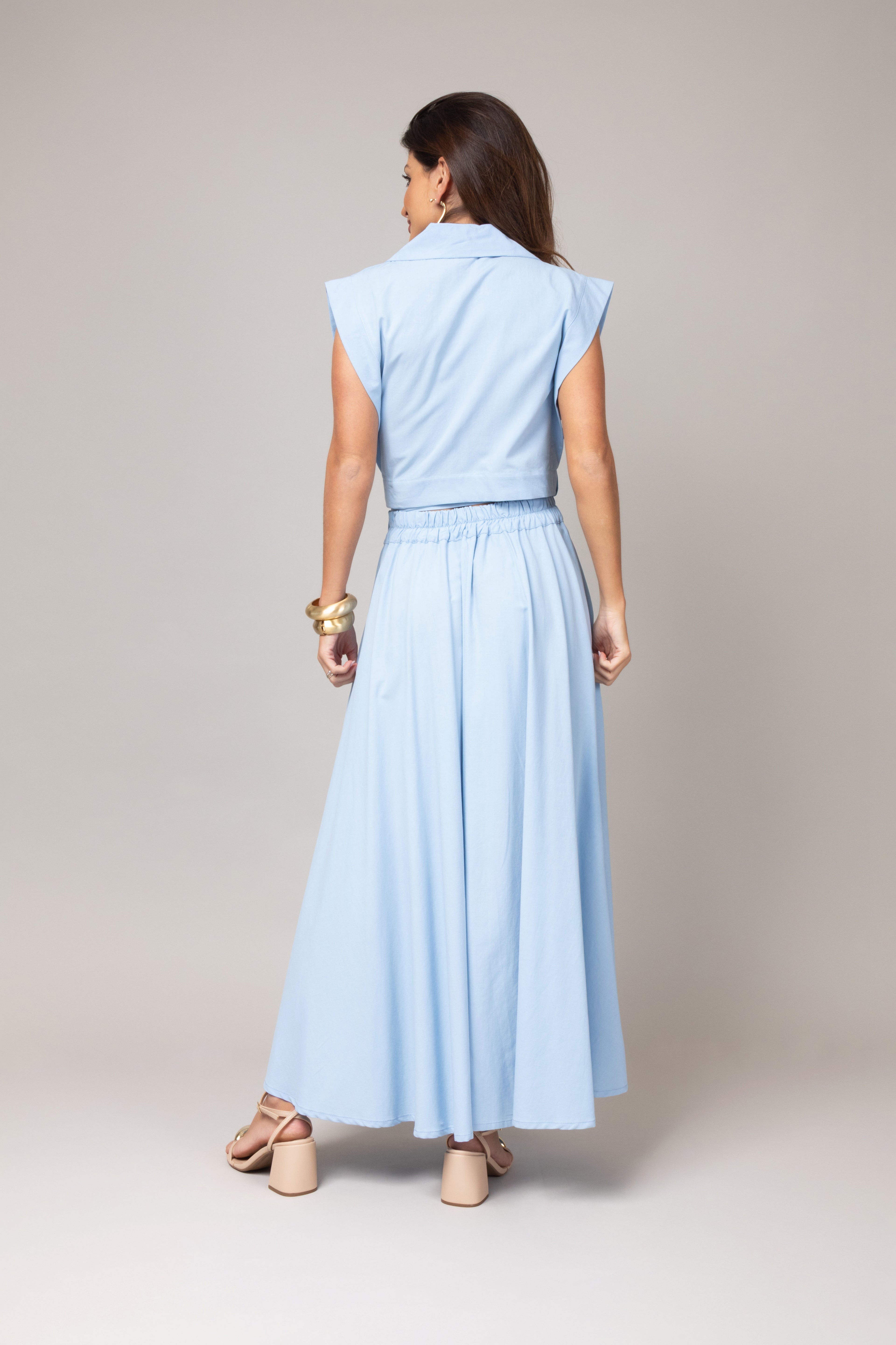 Conjunto saia longa e blusa transpassada