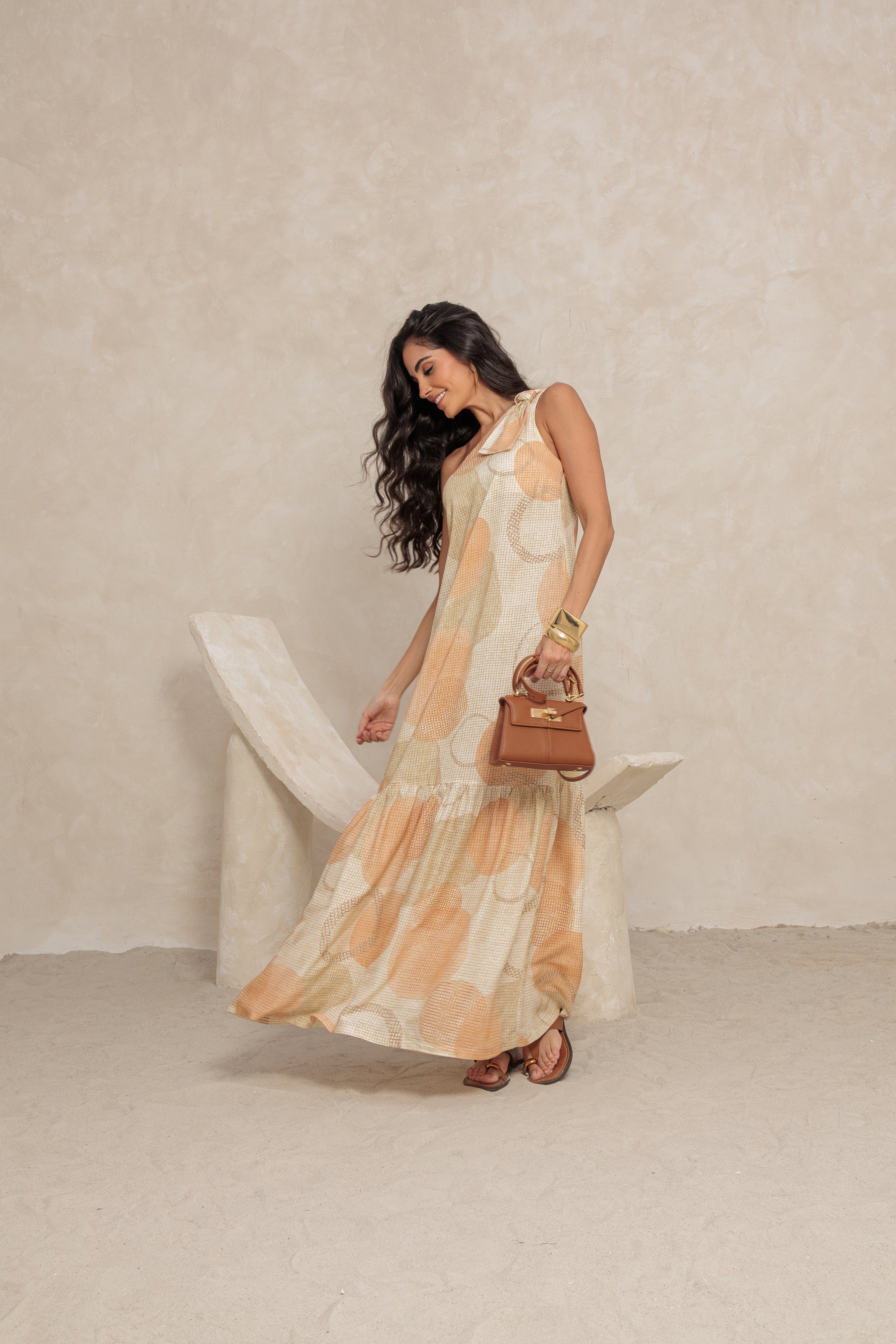Vestido longo estampado um ombro só
