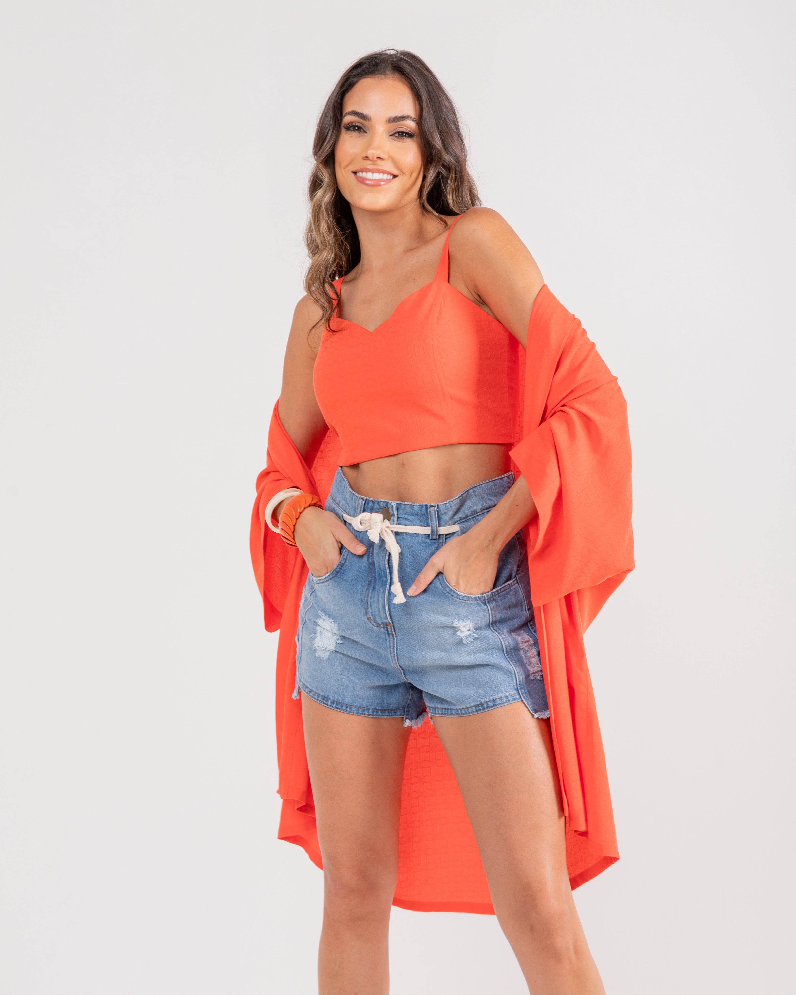 Conjunto cropped com kimono