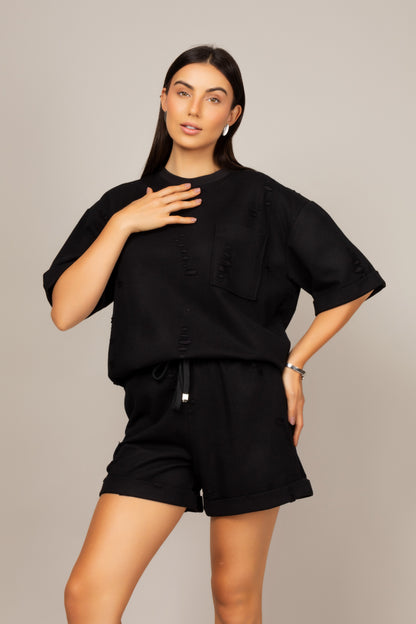 Conjunto estonado de camiseta oversized e shorts