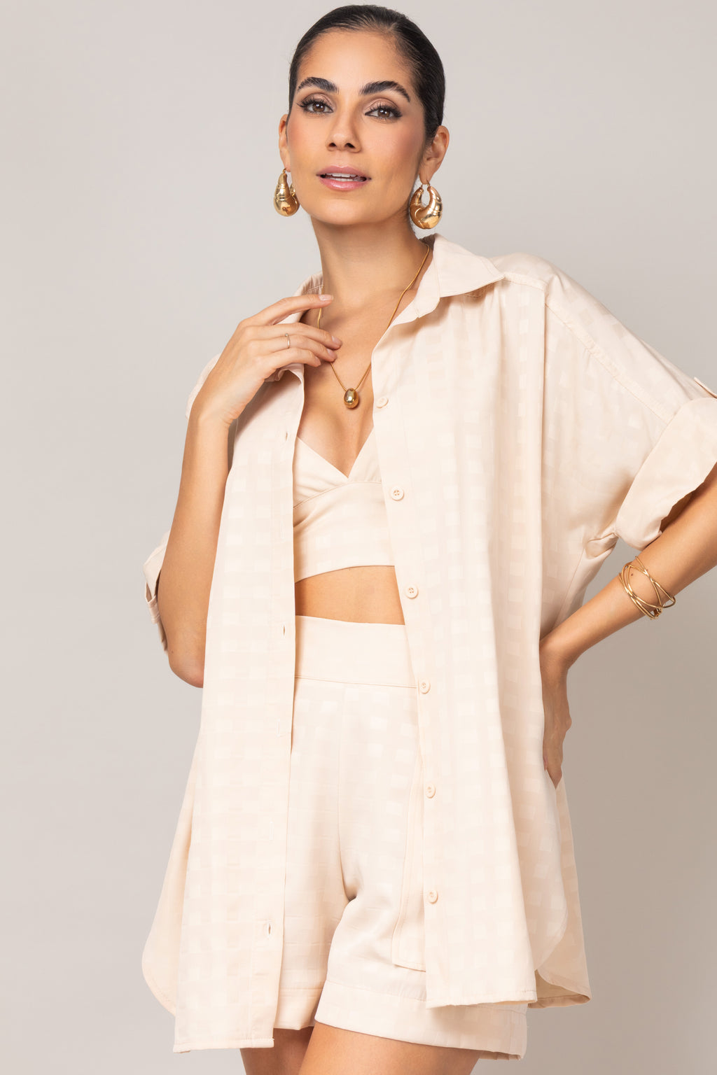 Trijunto com kimono em tecido texturizado