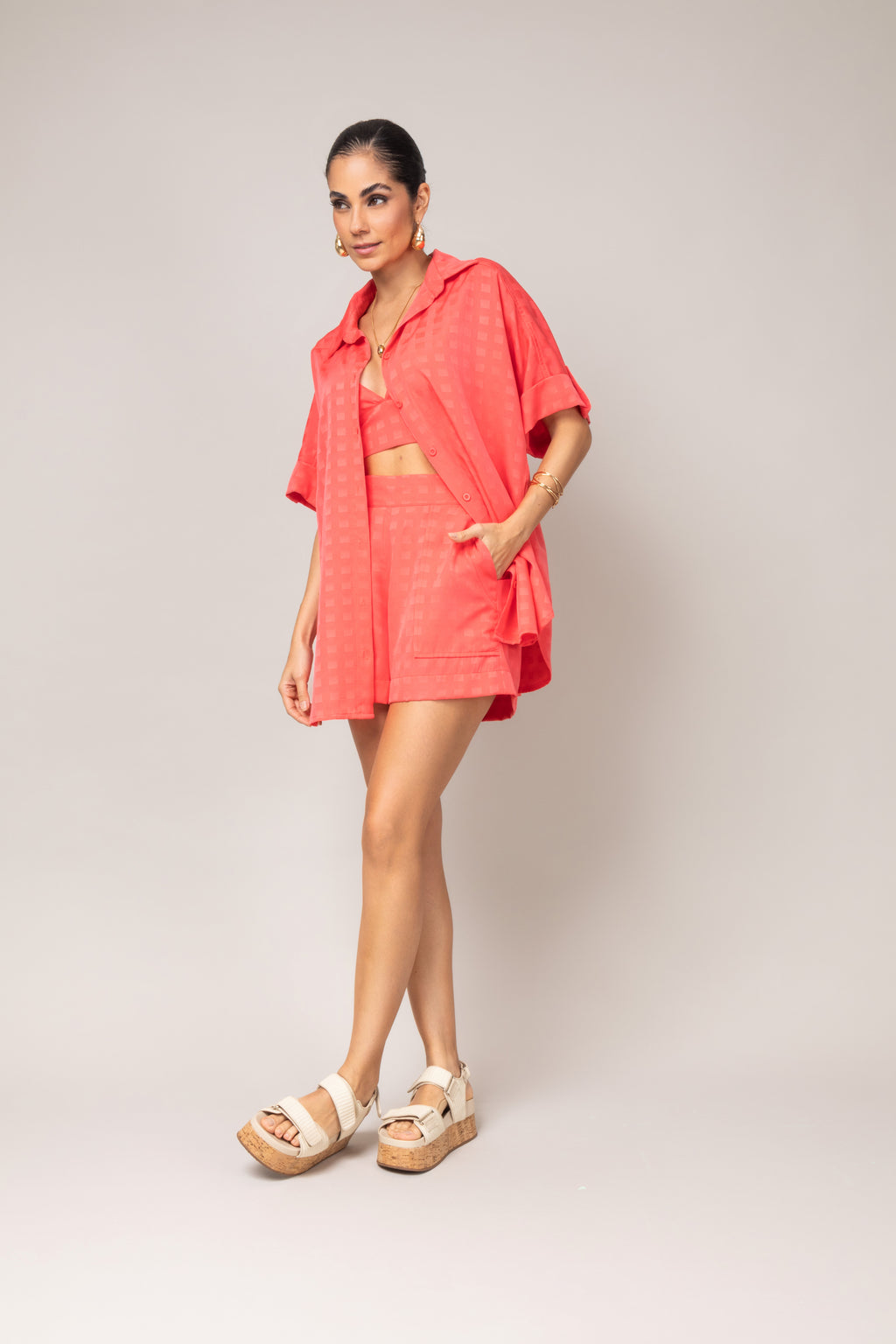 Trijunto com kimono em tecido texturizado