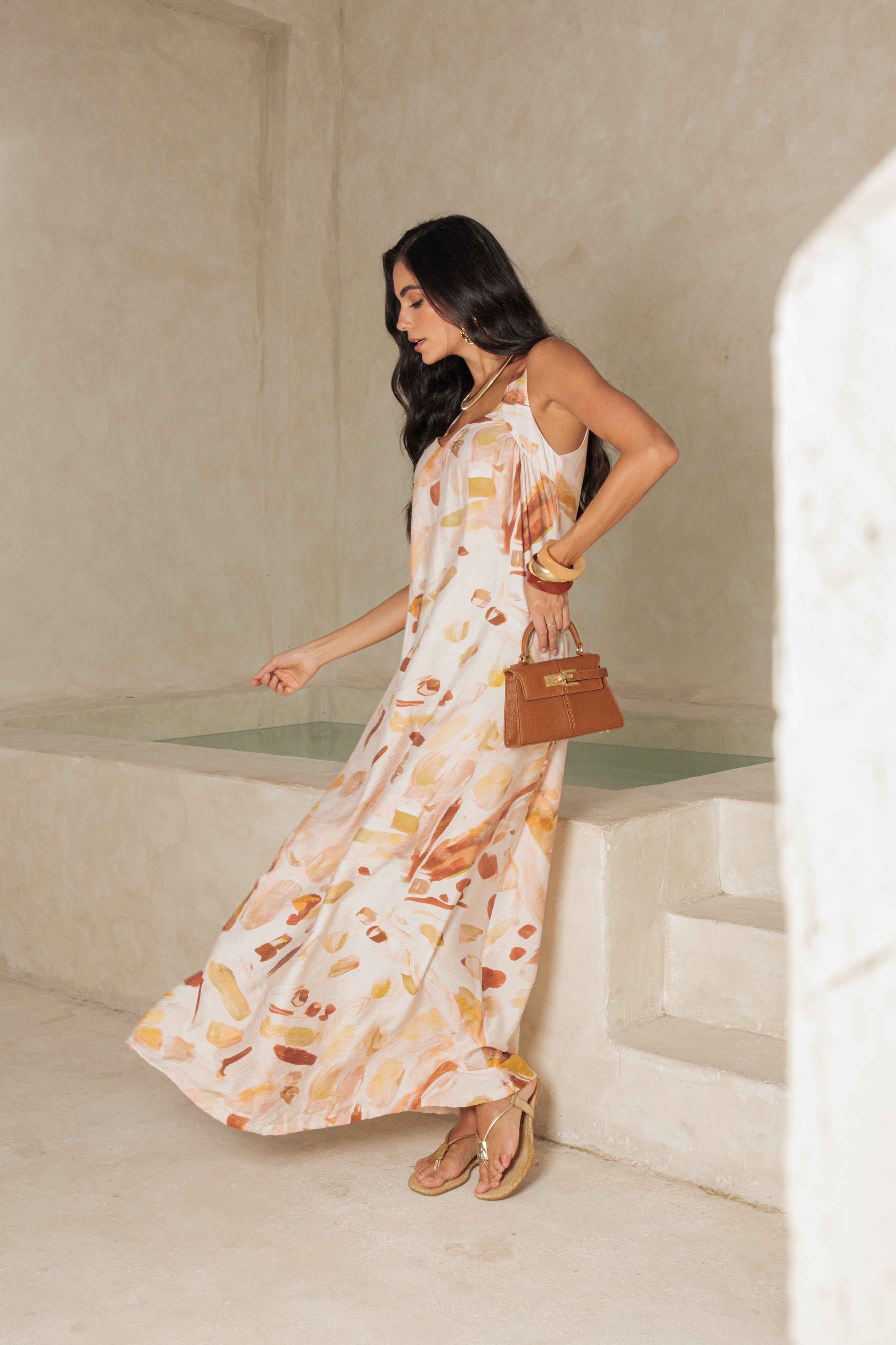 Vestido Longo com Estampa Abstrata