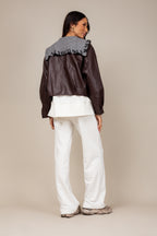Jaqueta couro com gola tricot